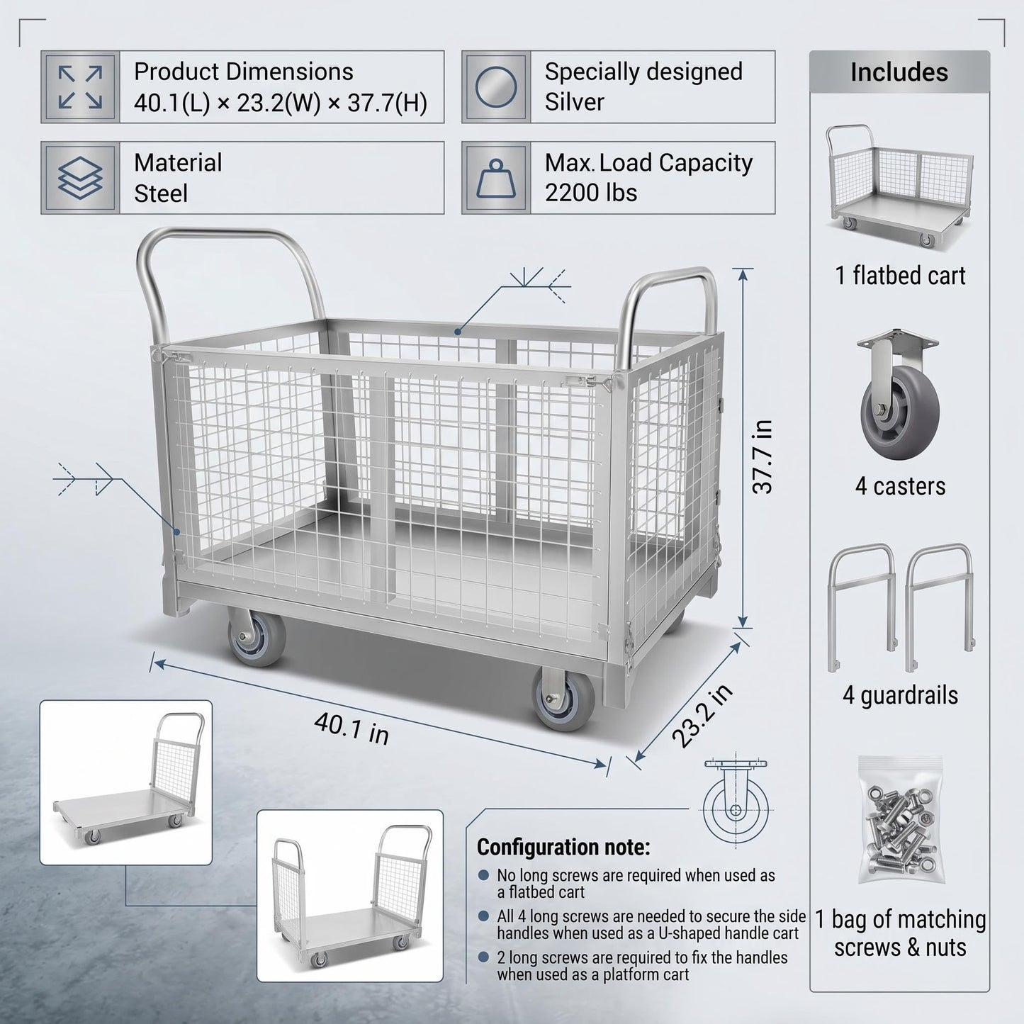 2200 LBS 4-in-1 Cart, Platform Truck Cart with maidian, 360° Direction Wheel Platform cart, Rust Resistant Steel Cage, for Grocery Store, Garage & Warehouse use