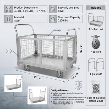 2200 LBS 4-in-1 Cart, Platform Truck Cart with maidian, 360° Direction Wheel Platform cart, Rust Resistant Steel Cage, for Grocery Store, Garage & Warehouse use