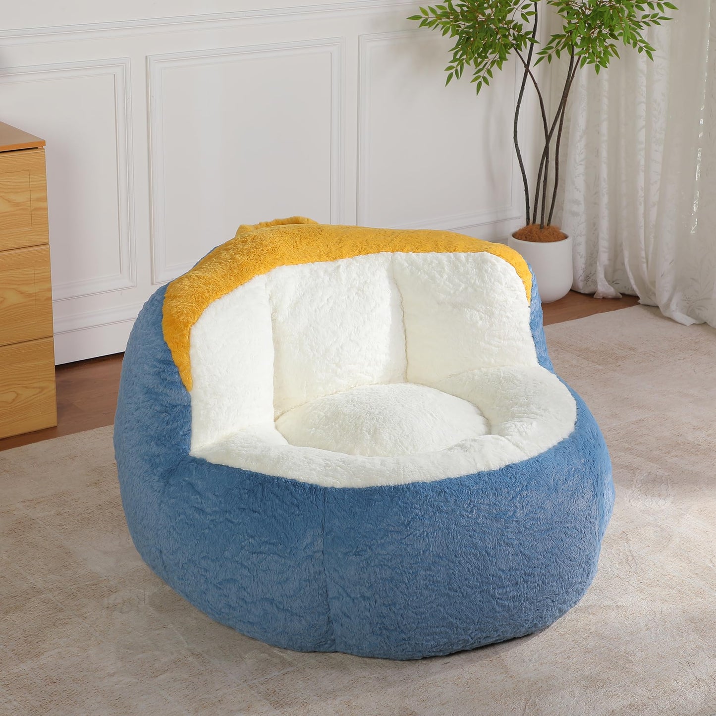 Amacv Oversized Bean Bag Chairs,Multicolor Faux Fur Couch Filled with Shredded Sponge,Large Lounger Sofa for Living Room,No Assembly Required, Blue+White+Yellow