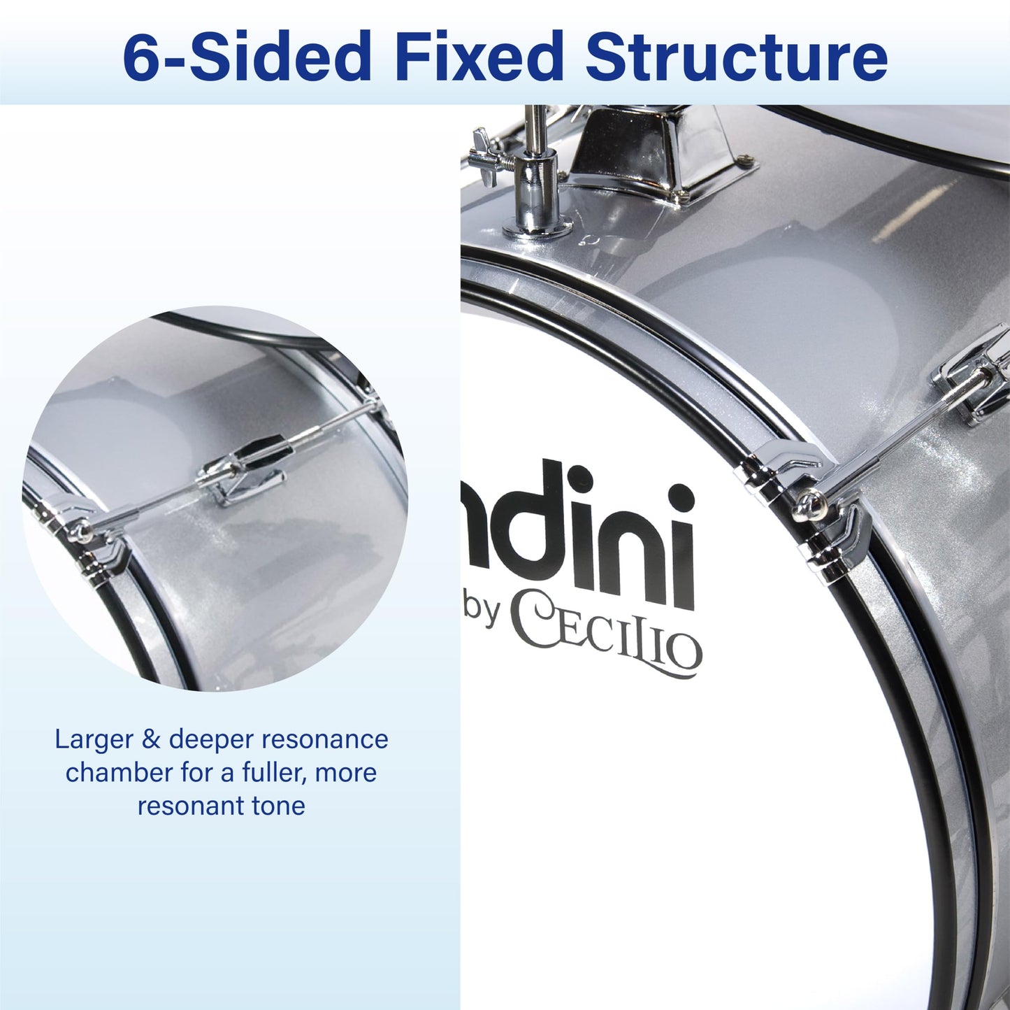 Mendini by Cecilio Drum Set, 5 Piece 16 Inch Junior Drums Kit with Bass, Toms, Snare Drum, Cymbal, Hi-Hat, Drumsticks & Seat for Beginner (Metallic Silver)