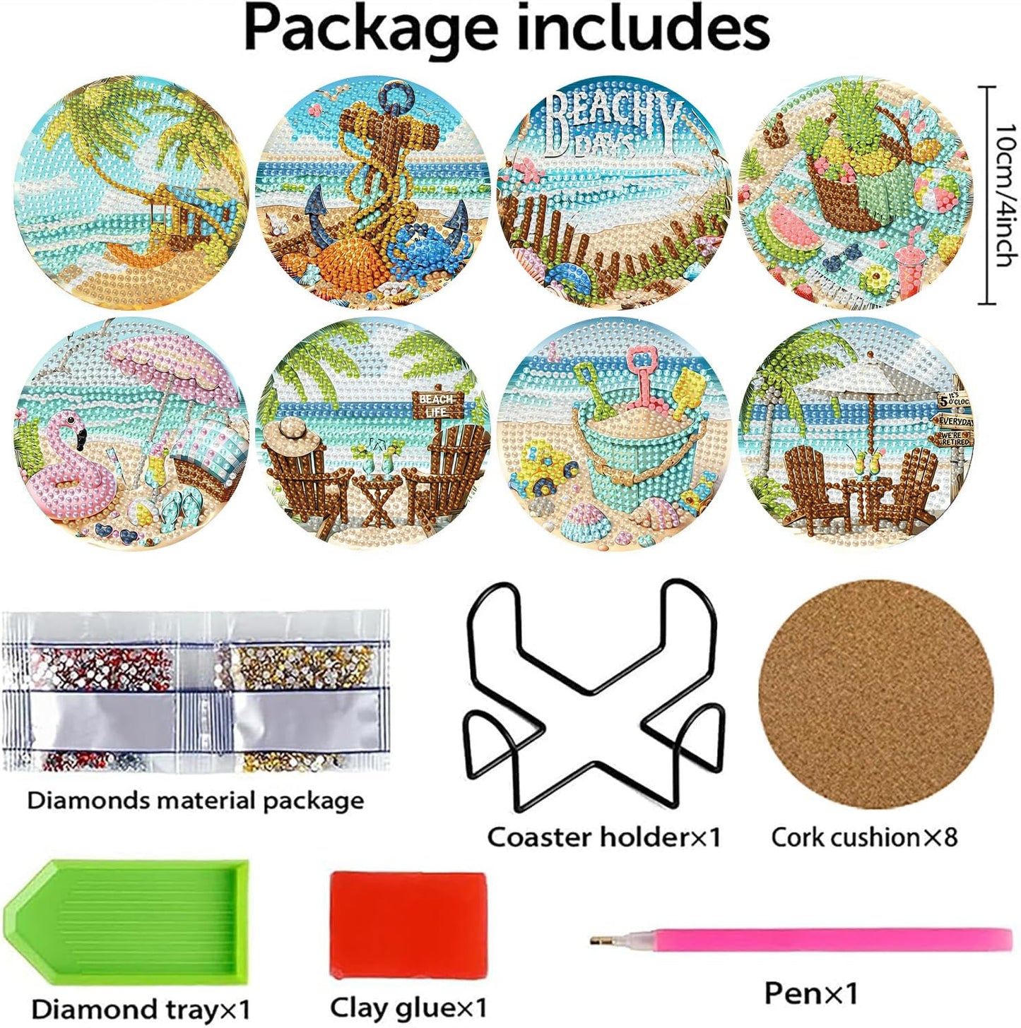 8 PCS Diamond Art Coasters Kits Beach Diamond Painting Coaster Kits Diamond Coasters with Holder Cork Pads Gem Art Dots Paintings Crafts Supplies for Adults Beginners