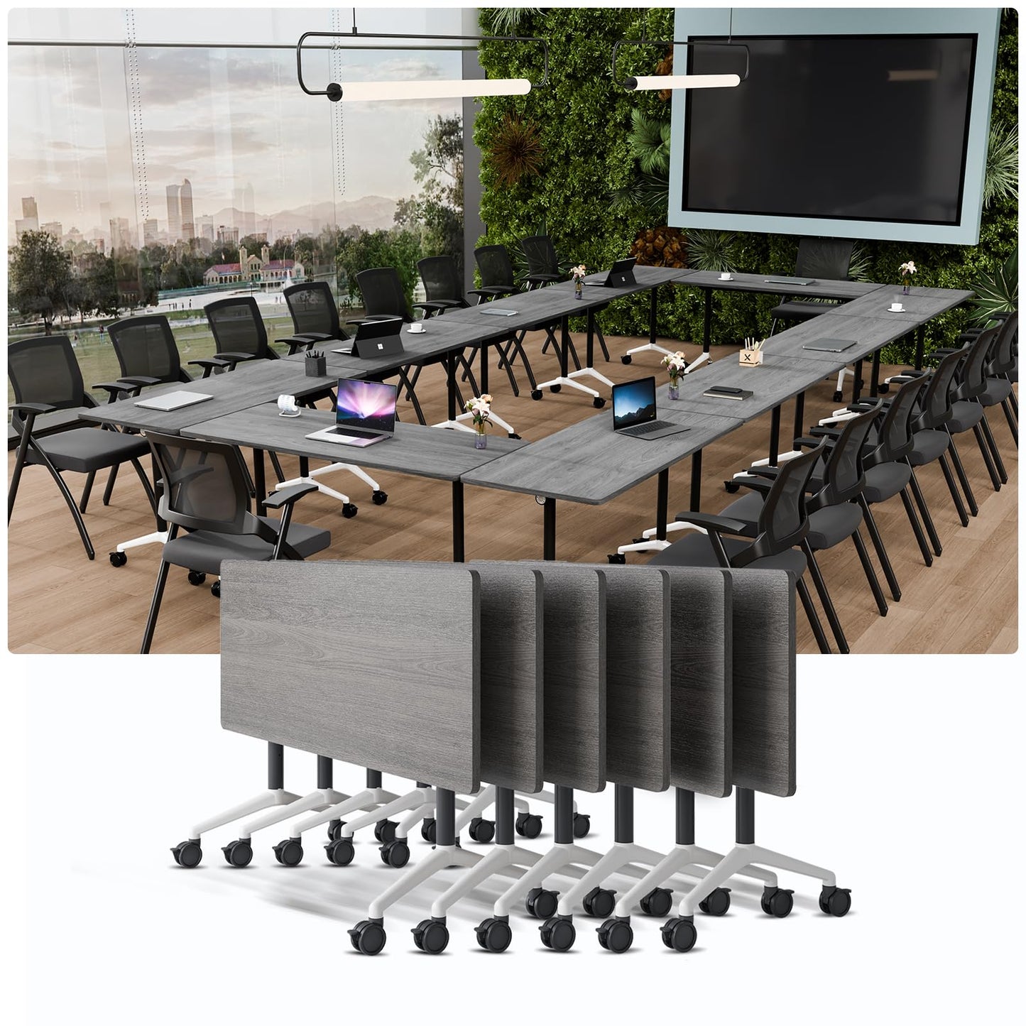 JNMDLAKO Modular Folding Conference Table with Locking Wheels, 10 Pack Flip Top Mobile Training Table, Modern Meeting Seminar Tables for Office, Hotel Conference Room(10,Grey,55" L x 21" W x 29" H)