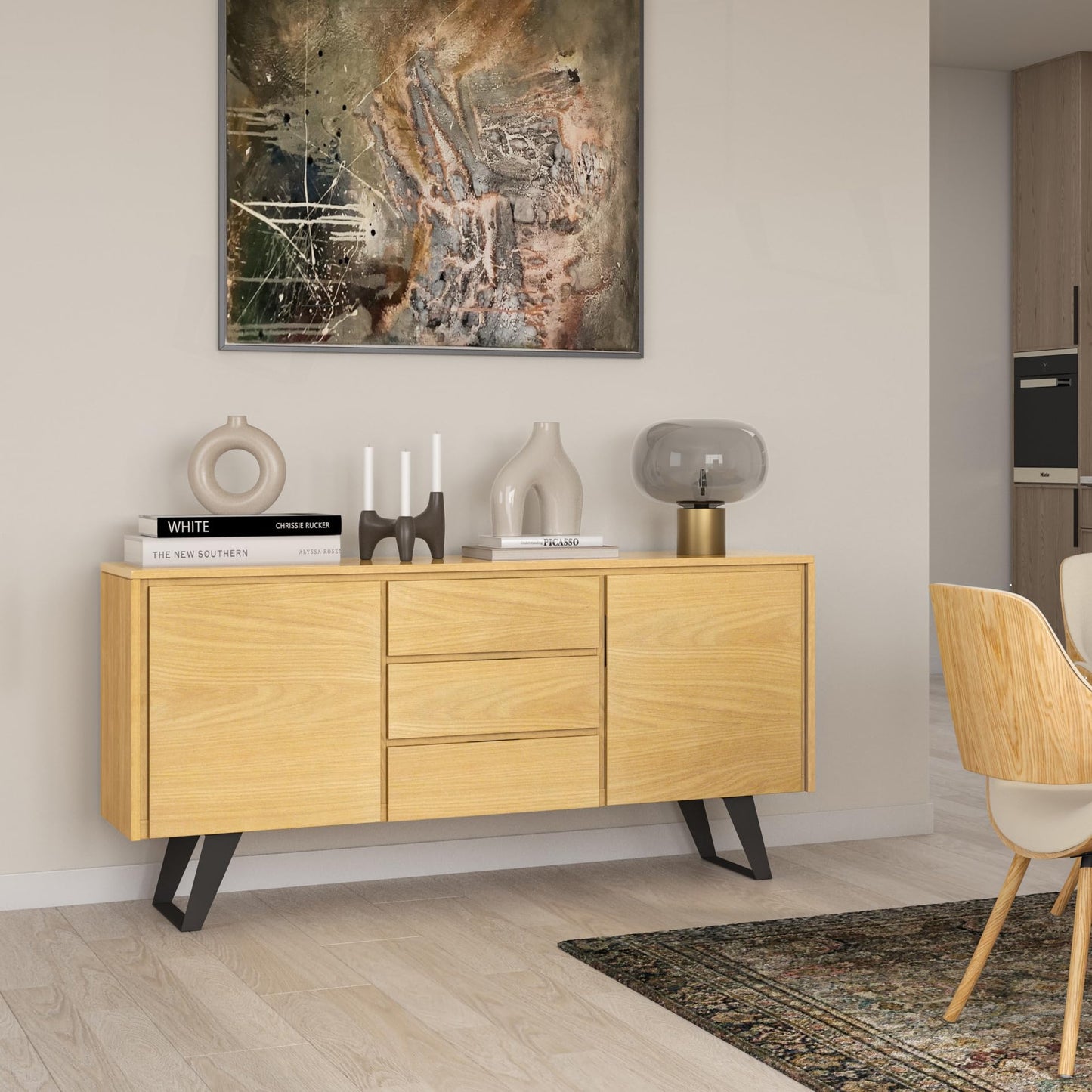 SIMPLIHOME Lowry 60 inch x 17 inch Rectangle Modern Industrial Sideboard Buffet in Oak Veneer for the Dining Room and Kitchen