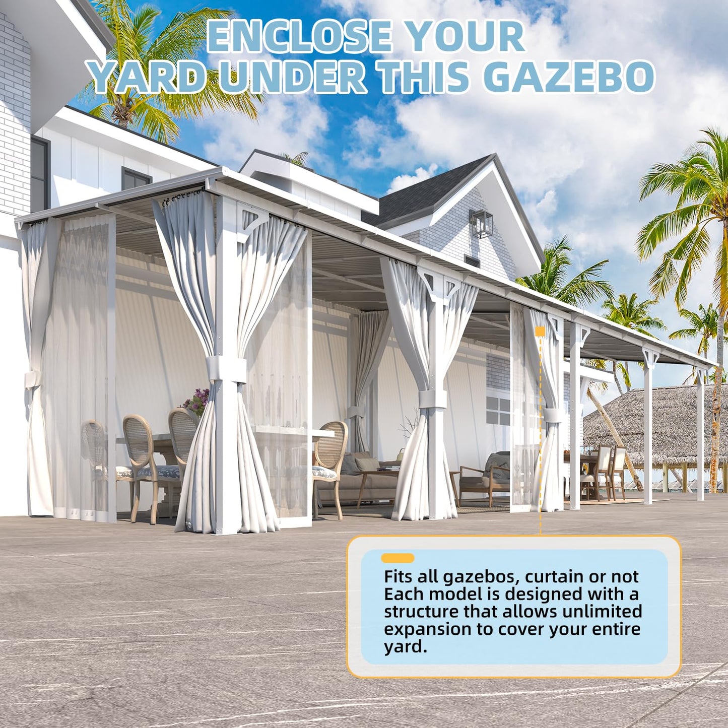 AECOJOY 14'x10' Outdoor Lean to Gazebo with Curtains and Mosquito Netting for Patio, Hard Top Wall Mounted Pergolas and Gazebos Clearance, Large Heavy Duty Metal Awnings for Decks in White