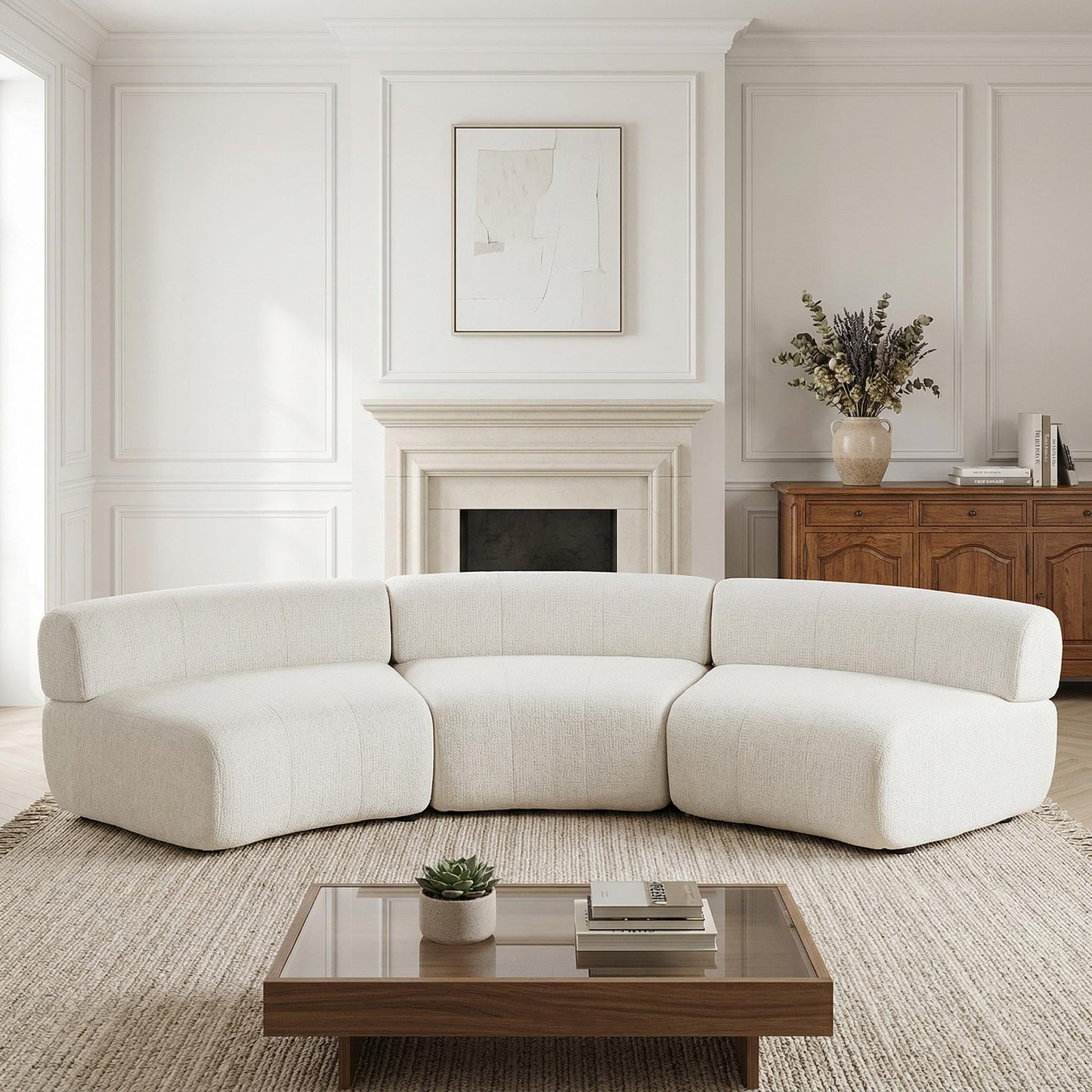 Christopher Knight Home Amino 118.5" Modular Sectional Sofa Chair, Modern Curved 3-Seater Large Sofa Couches, Comfy Upholstered Sectional Cloud Couch for Living Room, No Assembly Required, Beige