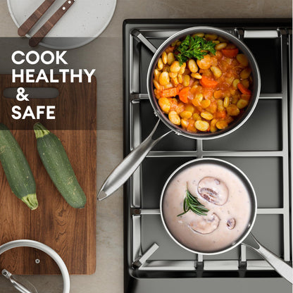 COOKER KING 3 Quart Stainless Steel Saucepan with Lid, Tri-Ply Ceramic Nonstick Pot (Metal Utensil Safe), Dishwasher & Oven Safe up to 900°F, Induction Cookware for All Stovetops
