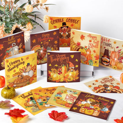 Saillong 12 Pack Thanksgiving Diamond Painting Greeting Card Kits DIY Fall Diamond Art Cards with Envelopes Pumpkin Turkey 5D Rhinestones Paint Card for Adults DIY Crafts Family Friend Birthday Gifts