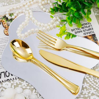 Nervure 400PCS Pre Rolled Gold Plastic Silverware Sets - Heavy Duty Gold Cutlery - Include 100 Pack Wrapped Disposable Utensils with Napkins for Parties, Dinners & Weddings