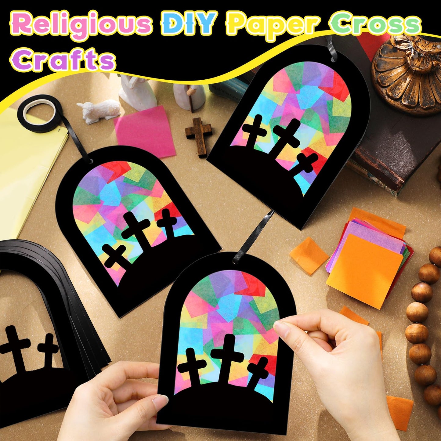 Marsui 36 Sets Easter Crafts Kit for Adults Christian Cross Suncatcher Easter Religious Church Cross Tissue Paper Craft DIY Suncatchers Hanging Ornaments for Home Window Party Supplies