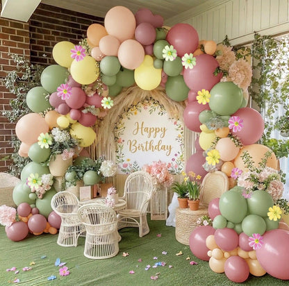Pastel Pink Yellow Green Balloon Arch with Artificial Flower Double Stuffed Dusty Green Pink Peach Mauve Balloon Garland Kit for Tea Party Wildflower Spring Birthday Baby Shower Fairy Party Decor