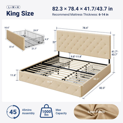 Allewie Upholstered King Size Platform Bed Frame with 4 Storage Drawers and Headboard, Diamond Stitched Button Tufted, Mattress Foundation with Wooden Slats Support, No Box Spring Needed, Beige
