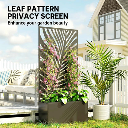 Amgalers Leaf Cutout Privacy Screen Planter Box with Trellis, Metal Raised Garden Bed for Patios, Balconies & Gardens(Large)