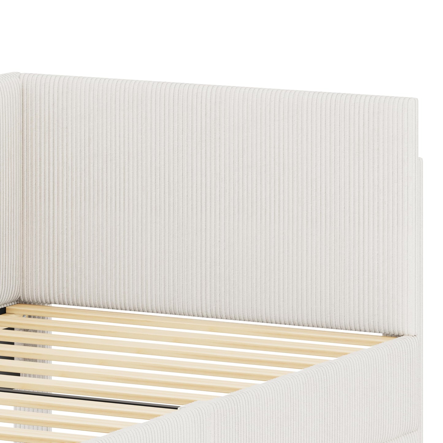 GDFStudio Twin Size L Shaped Corduroy Daybed Upholstered Bed Frame with 2 Storage Drawers Wooden Slats Semi Enclosed Design No Box Spring Needed, Beige
