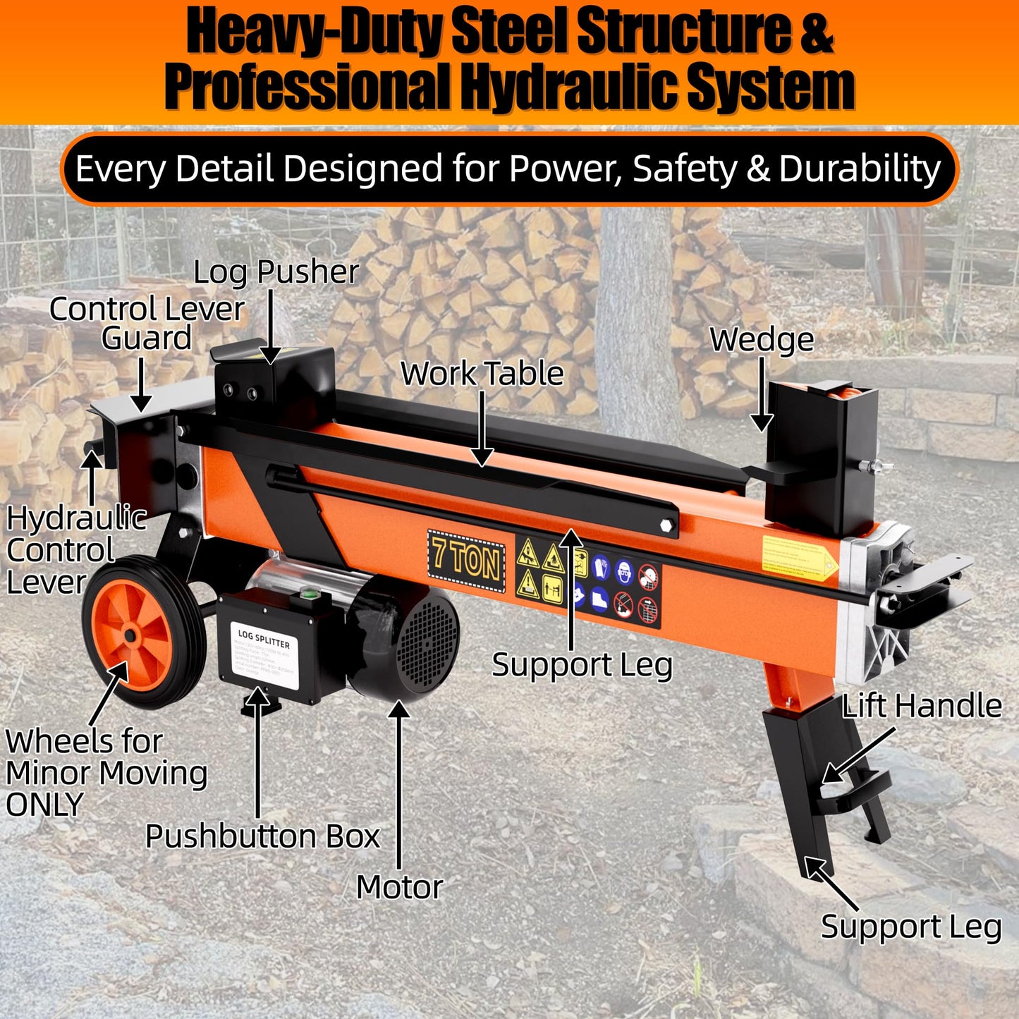 PPOLB 7 Ton Electric Wood Splitter, 15Amp Hydraulic Log Splitter with Detachable Cross Blade Cutting Head, Portable Firewood Splitter, Compact Horizontal Design for Backyard, Garage, Cabin - Orange