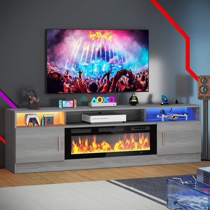 MXV 70" Fireplace TV Stand with Power Outlet for TVs UP to 80", Electric Fireplace Entertainment Center with LED Lights & Storage Cabinets, TV Console for Living Room, Office, Grey-Black