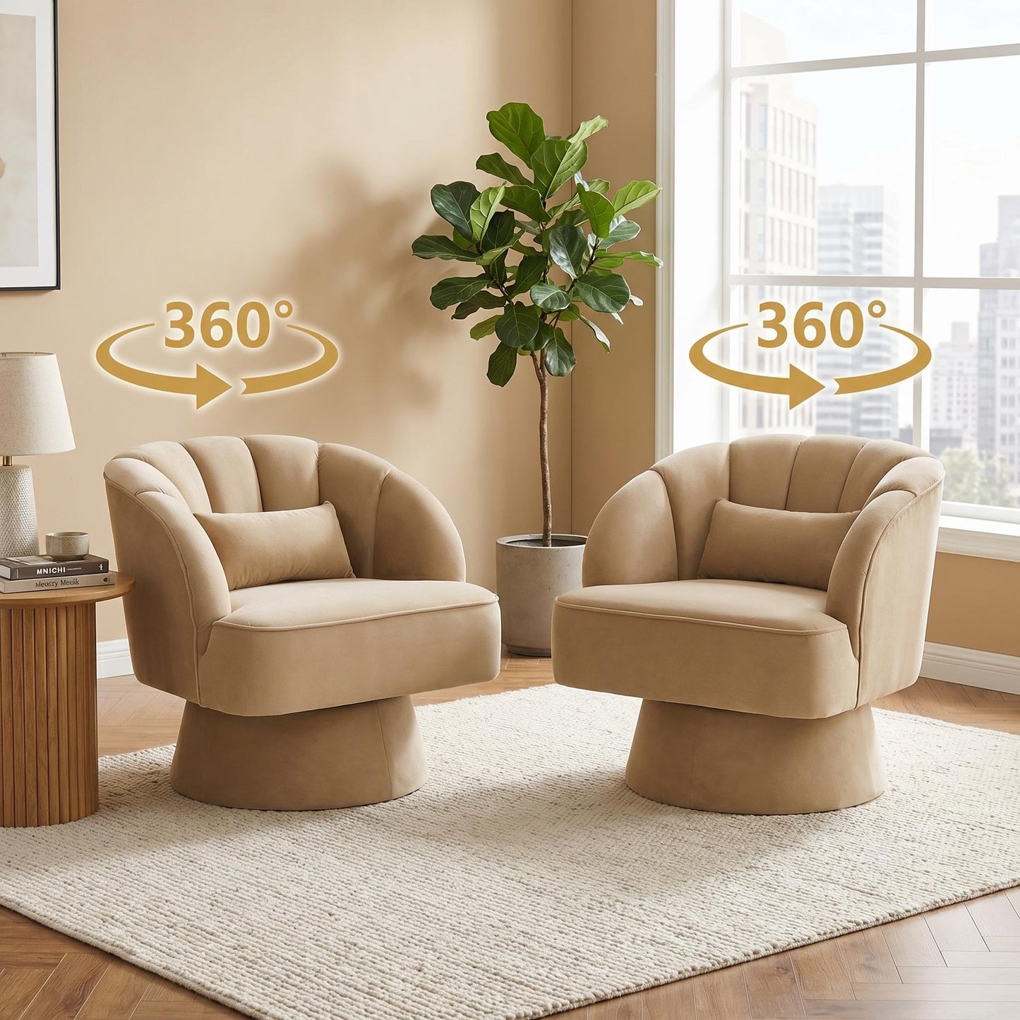 GarveeHome Modern 360° Swivel Velvet Barrel Accent Armchair – Striped Backrest & Plush Padding, Comfy Round Lounge Chair for Living Room, Bedroom, Reading Nook