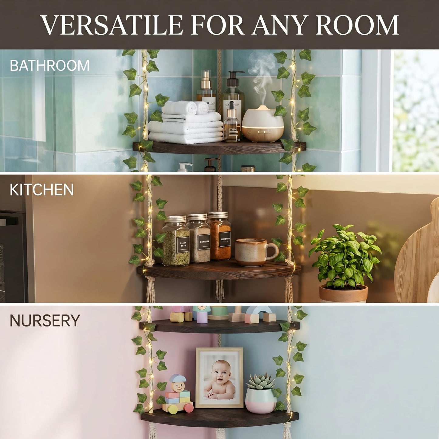 REFGY 3-Tier Corner Floating Shelves with Aesthetic Greenery & Fairy Lights - Premium Wood-Textured Boho Wall Hanging Shelf - Stable L-Bracket Support for Home Decor, Office & Small Spaces