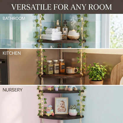 REFGY 3-Tier Corner Floating Shelves with Aesthetic Greenery & Fairy Lights - Premium Wood-Textured Boho Wall Hanging Shelf - Stable L-Bracket Support for Home Decor, Office & Small Spaces