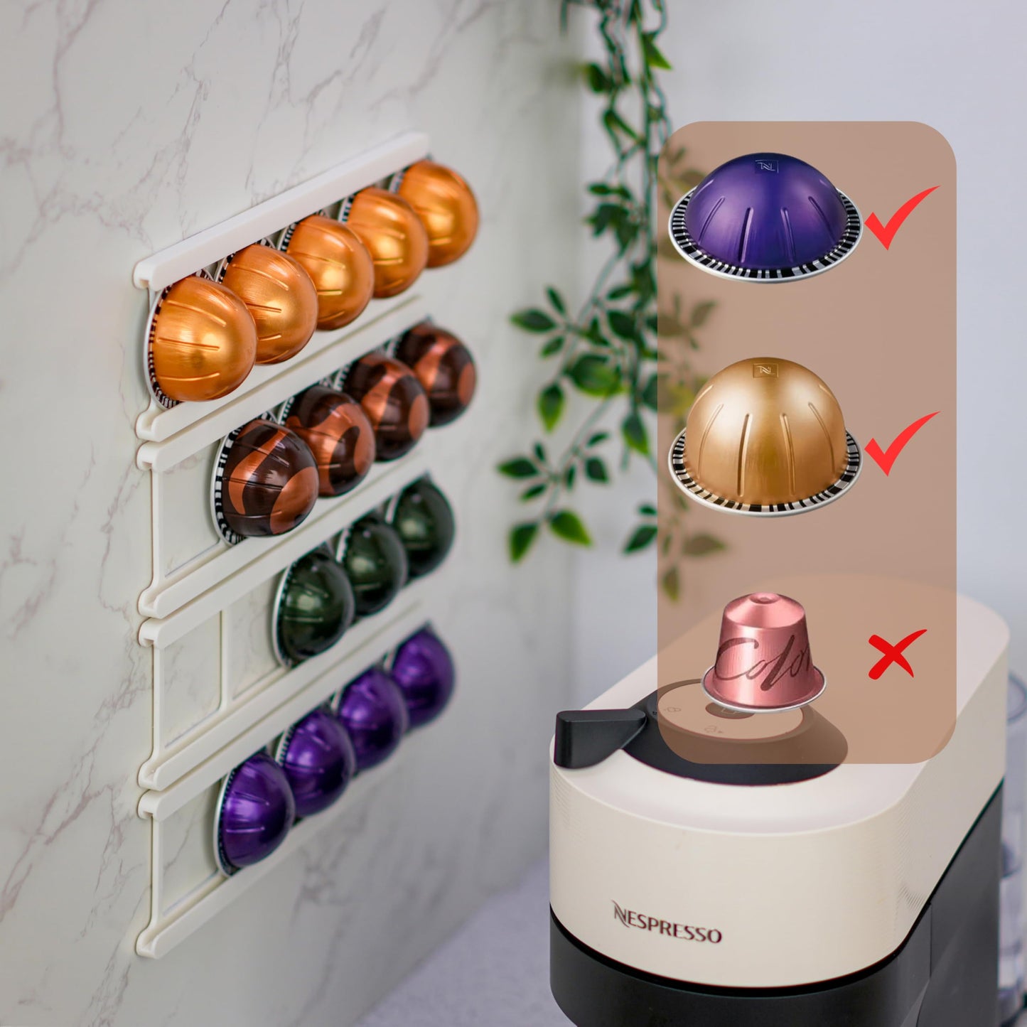 KUSOVILI Adhesive Coffee Pod Holder for Nespresso VertuoLine, Holds 20 Capsules - Wall or Cabinet Mounted Coffee Capsule Rack with Strong 3M Adhesive Strips, Vertical or Horizontal Mount