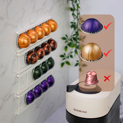 KUSOVILI Adhesive Coffee Pod Holder for Nespresso VertuoLine, Holds 20 Capsules - Wall or Cabinet Mounted Coffee Capsule Rack with Strong 3M Adhesive Strips, Vertical or Horizontal Mount