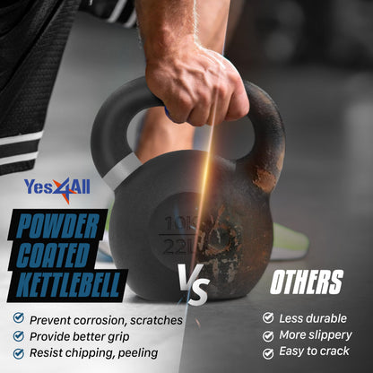 Yes4All Powder Coated Kettlebell, Cast Iron Core Kettlebells with Non-Slip Handle & Flat Bottom for Conditioning, Heavy Duty for Strength Training, 9lb to 71lb - Single & Pair