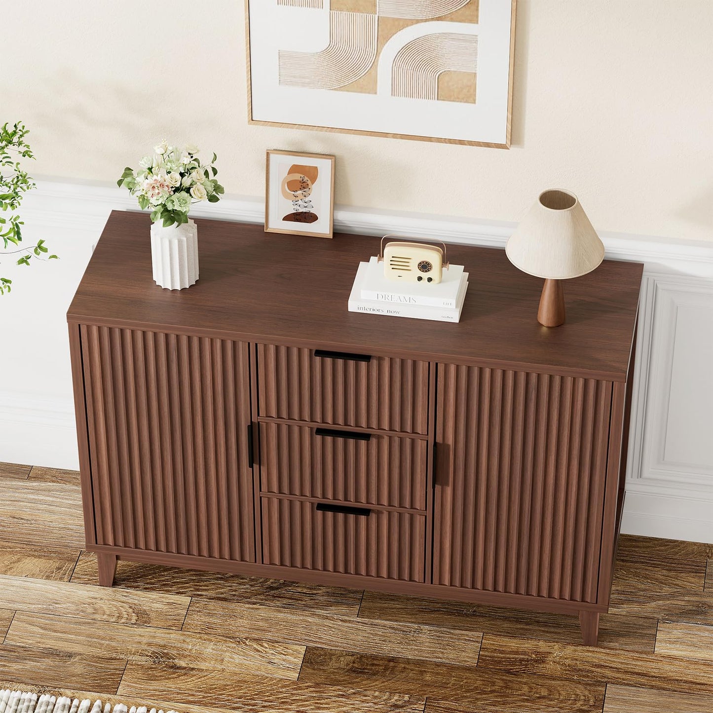 47.2" W Storage Cabinet with 3 Drawers, Fluted Buffet Cabinet with Storage, Large Sideboard with 2 Door, Modern Mid Century TV Stand Coffee Bar Cabinets for Living Room, Kitchen, Entryway