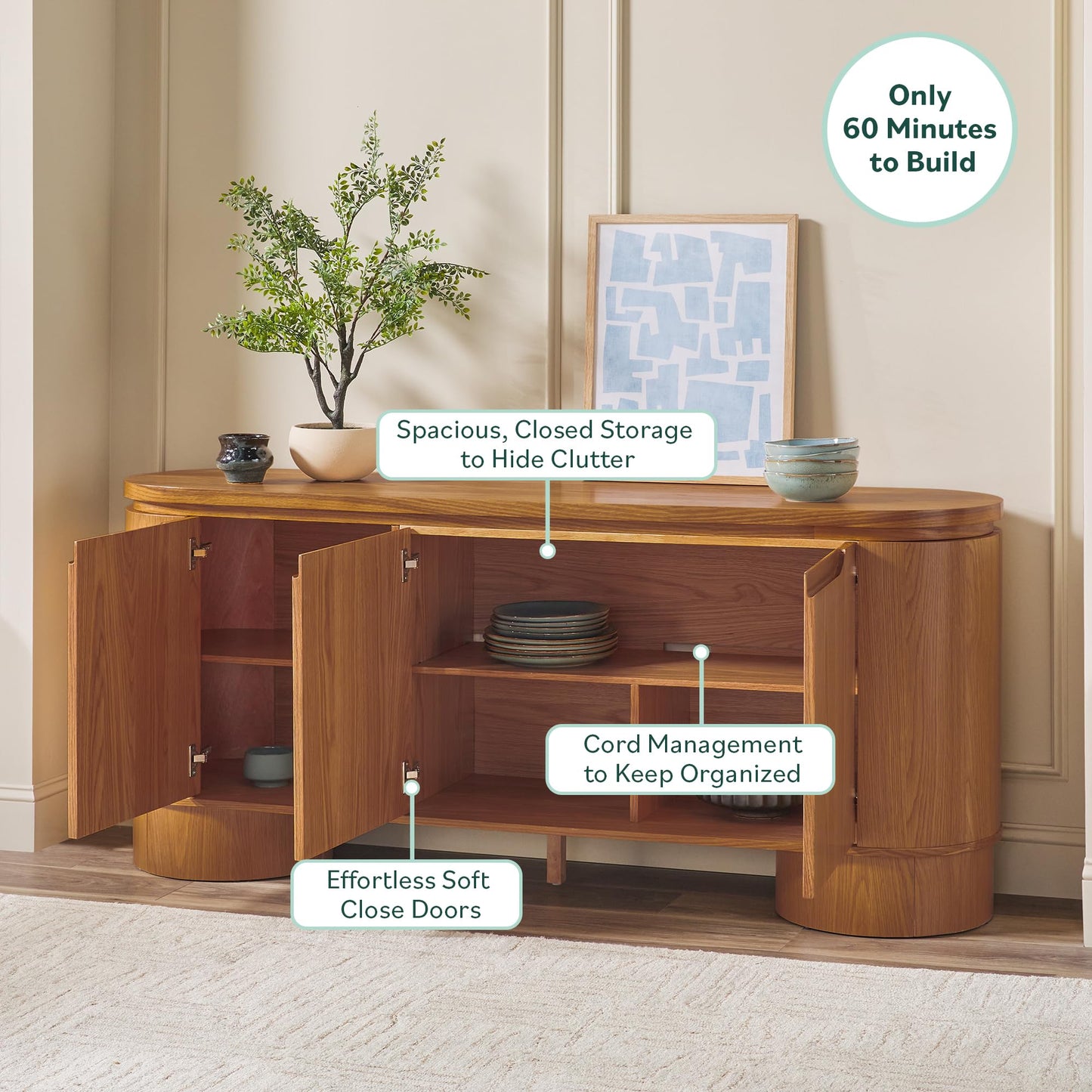 Walker Edison Maya Large Curved Modern Solid Oak Wood Veneer 70 Inch Sideboard TV Stand with Storage, Medium Brown Oak