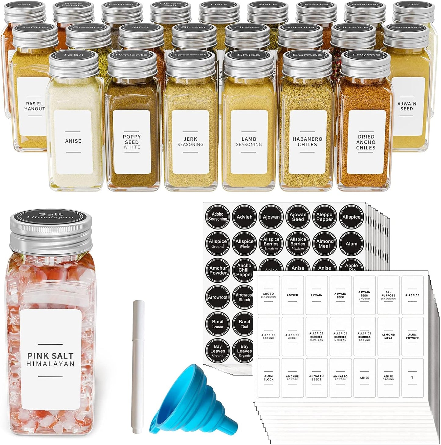 24 4oz SpaceAid Pcs Spice Jars with Labels, Empty Glass Spice Bottles, Minimalist Farmhouse Spice Labels Stickers