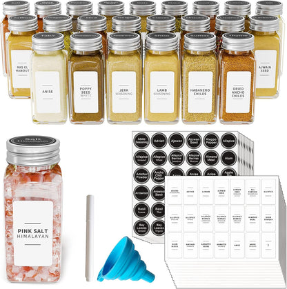 24 4oz SpaceAid Pcs Spice Jars with Labels, Empty Glass Spice Bottles, Minimalist Farmhouse Spice Labels Stickers