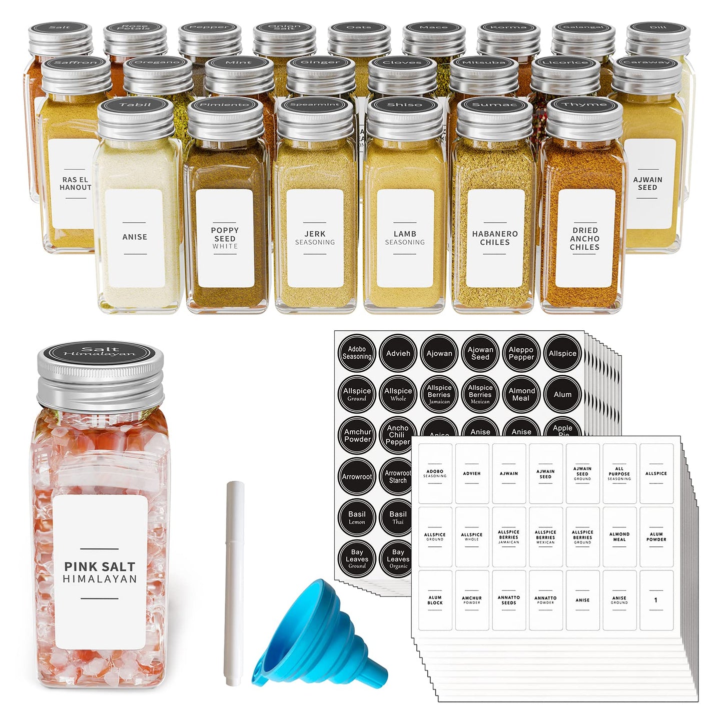 SpaceAid 24 Pcs Spice Jars with Labels, Empty 4oz Glass Spice Bottles, Minimalist Farmhouse Spice Labels Stickers with Funnel, Seasoning Containers for Spice Rack, Cabinet and Drawer