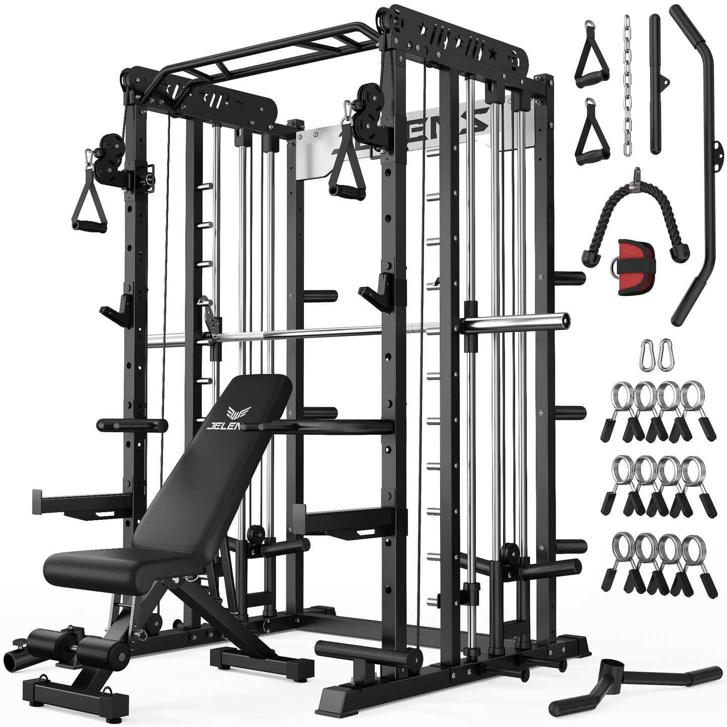 JELENS Smith Machine for Home Gym, Multi-Function M12 Power Cage, Squat Rack with Smith Bar and More Attachment (Black, Weight Bench Package)