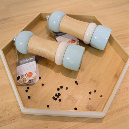 CASASUNCO Manual Salt and Pepper Grinder Set Salt & Pepper Mill Sets Wooden Salt Pepper Grinder Set Salt & Pepper Shakers Gift Set- Customized Coarseness - Ceramic Core - Blue (Set of 2, 6")