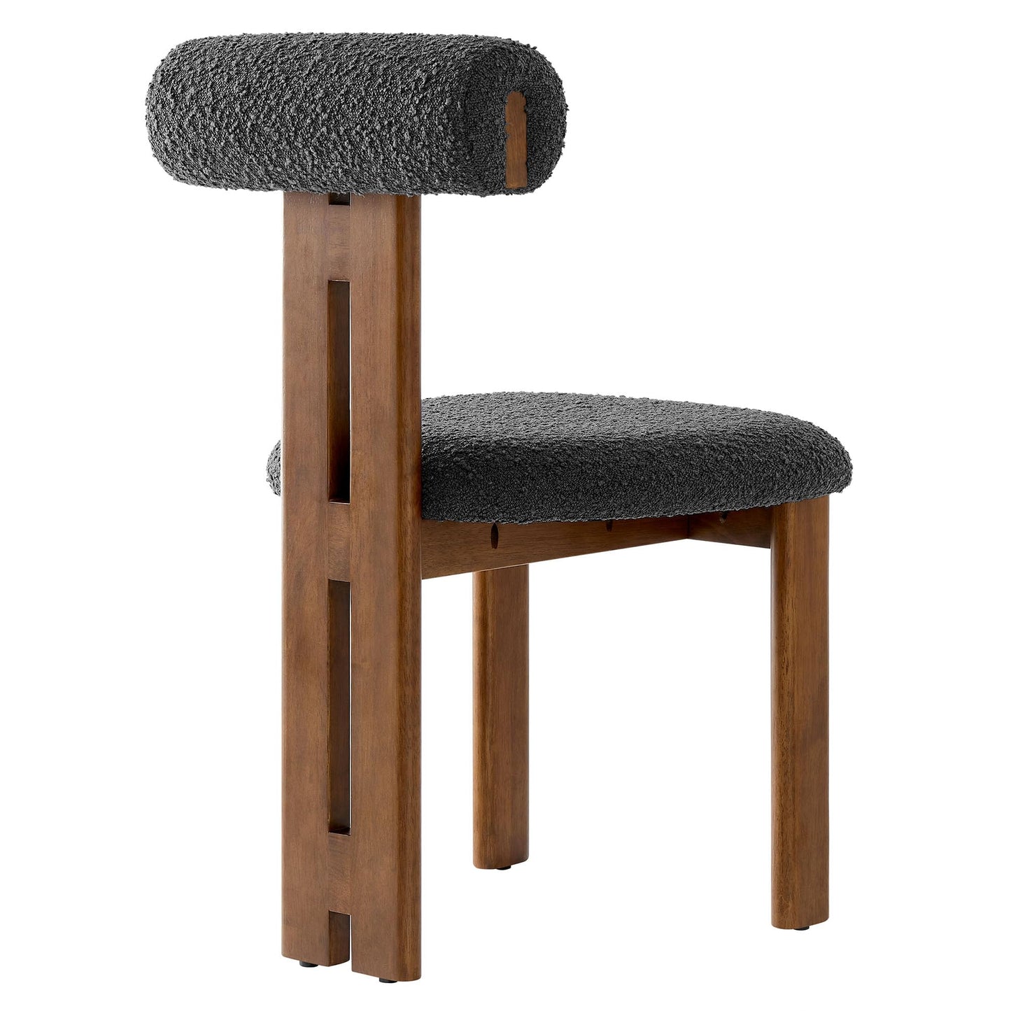 Modway Torian Upholstered Boucle Dining Chairs Set of 2 in Walnut Charcoal - 3-Legged Farmhouse Kitchen Chairs - Mid-Century Modern Armless Accent Chairs - Comfortable Side Chairs with Wood Legs