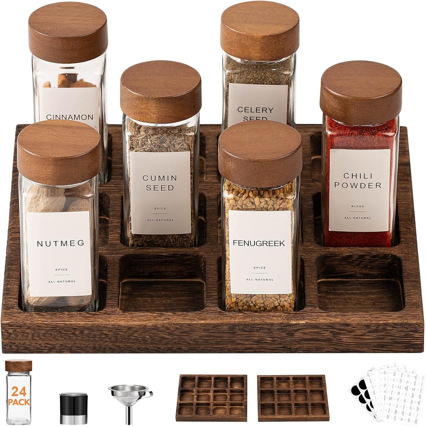 24Pcs Labels-4oz 2pcs Yangbaga Glass Spice Jars with Acacia Wood Lid Square Spice Containers and Rack with Pepper