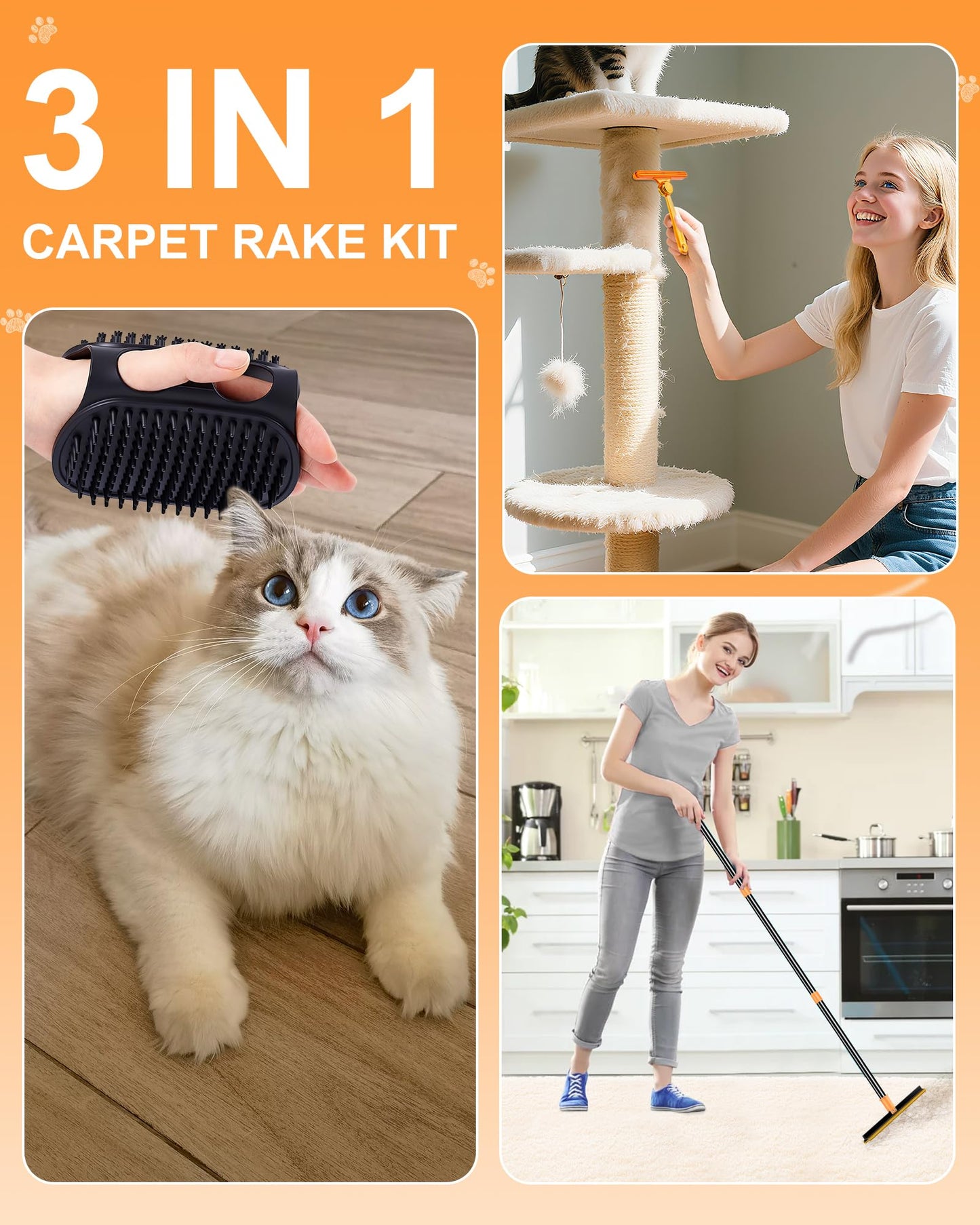 COVITKAN 3 in 1 Carpet Rake for Pet Hair Removal Tool, 51” Adjustable Long Handle Pet Hair Removal Broom, Pet Grooming Brush, Cat Dog Hair Remover Carpet Scraper for Rugs, Mats
