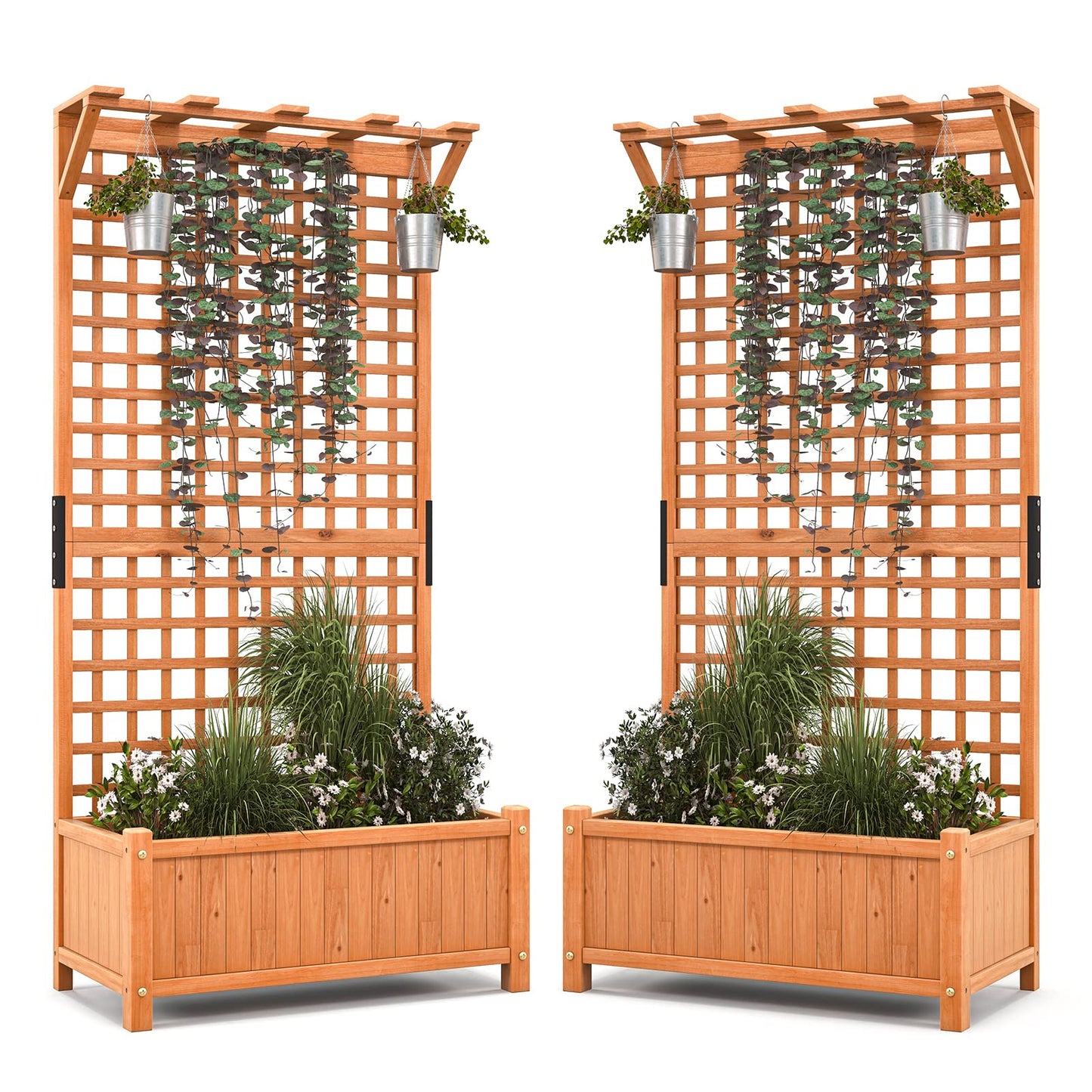 Giantex 2 Pcs Raised Garden Bed with Trellis & Roof, 72.5" Wooden Garden Bed, High Trellis for Plant Flower Climbing Pot Hanging, Indoor & Outdoor Planter Box for Yard, Garden, Balcony