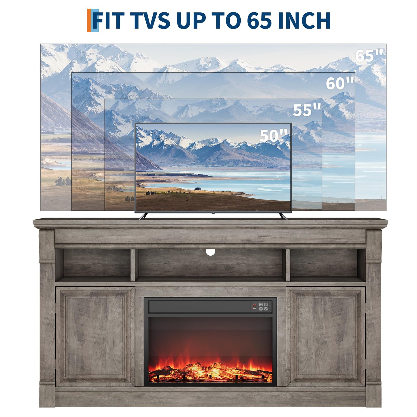 GAOMON 58 Inch Fireplace TV Stand, Wooden Entertainment Center with 36 Inch Electric Fireplace, 3D Realistic Flame, Farmhouse Media Console with Storage Cabinets for Living Room, Gray
