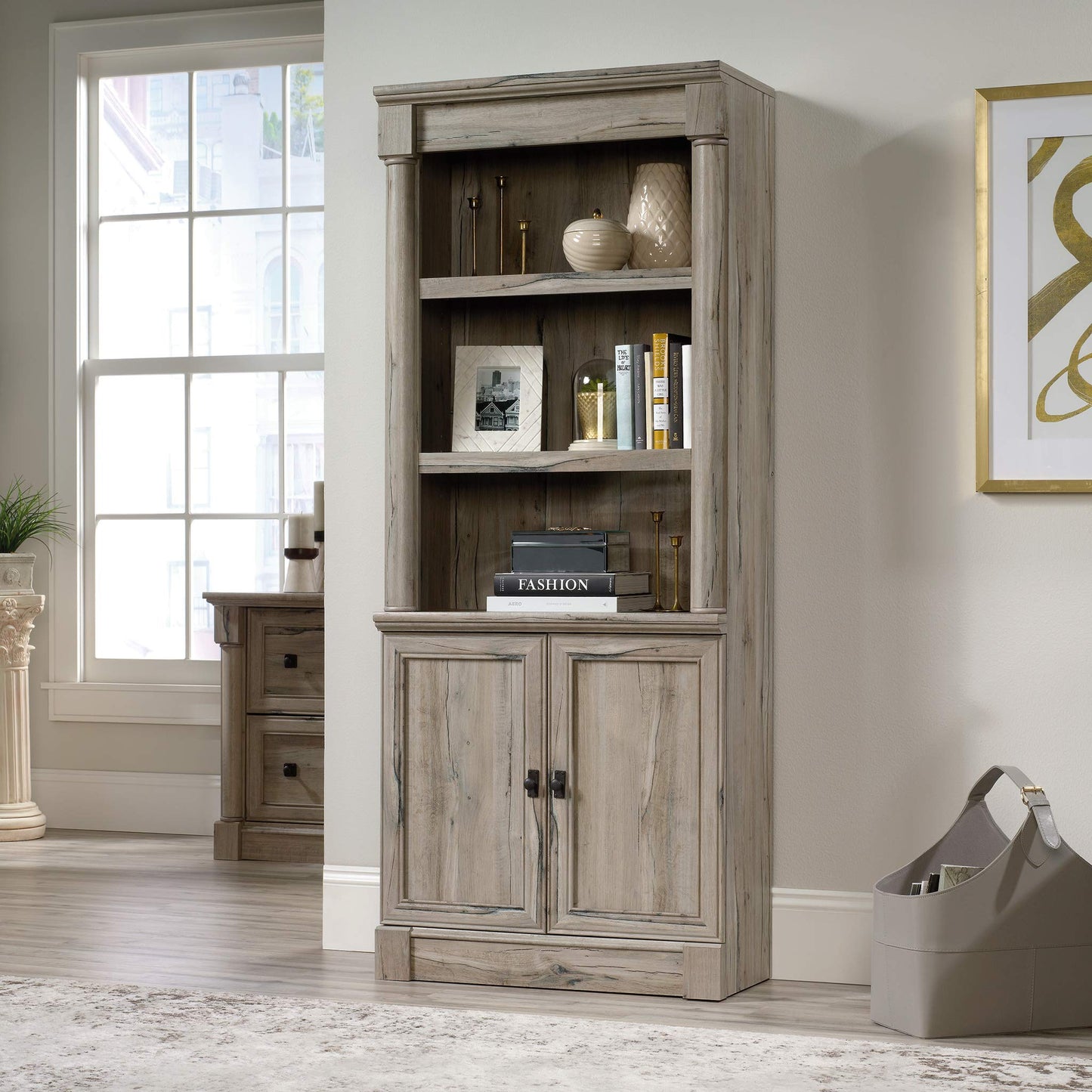 Sauder Palladia Book Shelf, Bookshelf with Storage, Library Bookcase with Doors and Adjustable Shelves, in Split Oak Finish