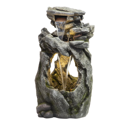 Alpine Corporation 41" Tall Outdoor Cascading Rainforest Rock Waterfall Floor Fountain with LED for Gardens, Patios, and Yards, Brown