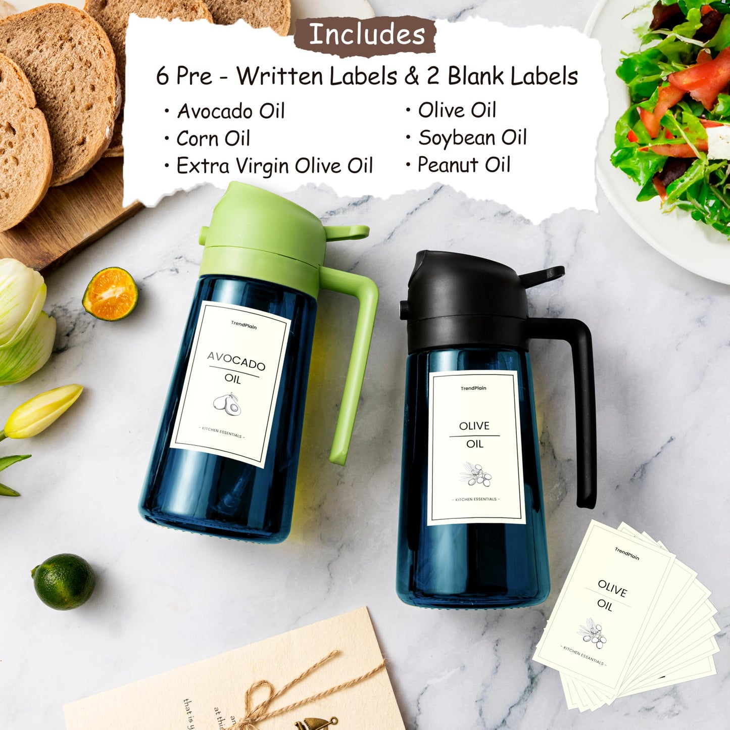 TrendPlain 16oz/470ml Blue Glass Olive Oil Sprayer for Cooking - 2 in 1 Olive Oil Dispenser for Kitchen Gadgets, Air Fryer, Salad, and BBQ - Black