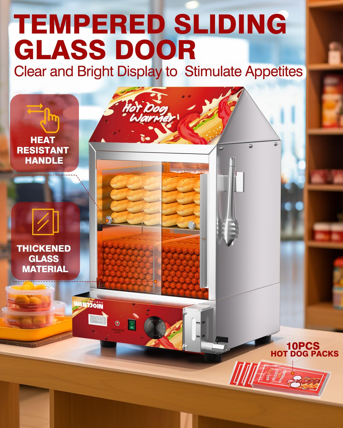WantJoin Hot Dog Steamer - 28.8QT Commercial Electric Hot Dog Steamer with Bun Warmer, Glass Sliding Door Steaming Machine for 175 Hot Dogs and 40 Buns Adjustable Temperature Red