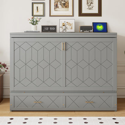 Merax Queen Size Murphy Cabinet Bed with Storage Drawers, Wall Murphy Bed with a Set of Sockets & USB Ports, Folding Platform Bed for Small Room