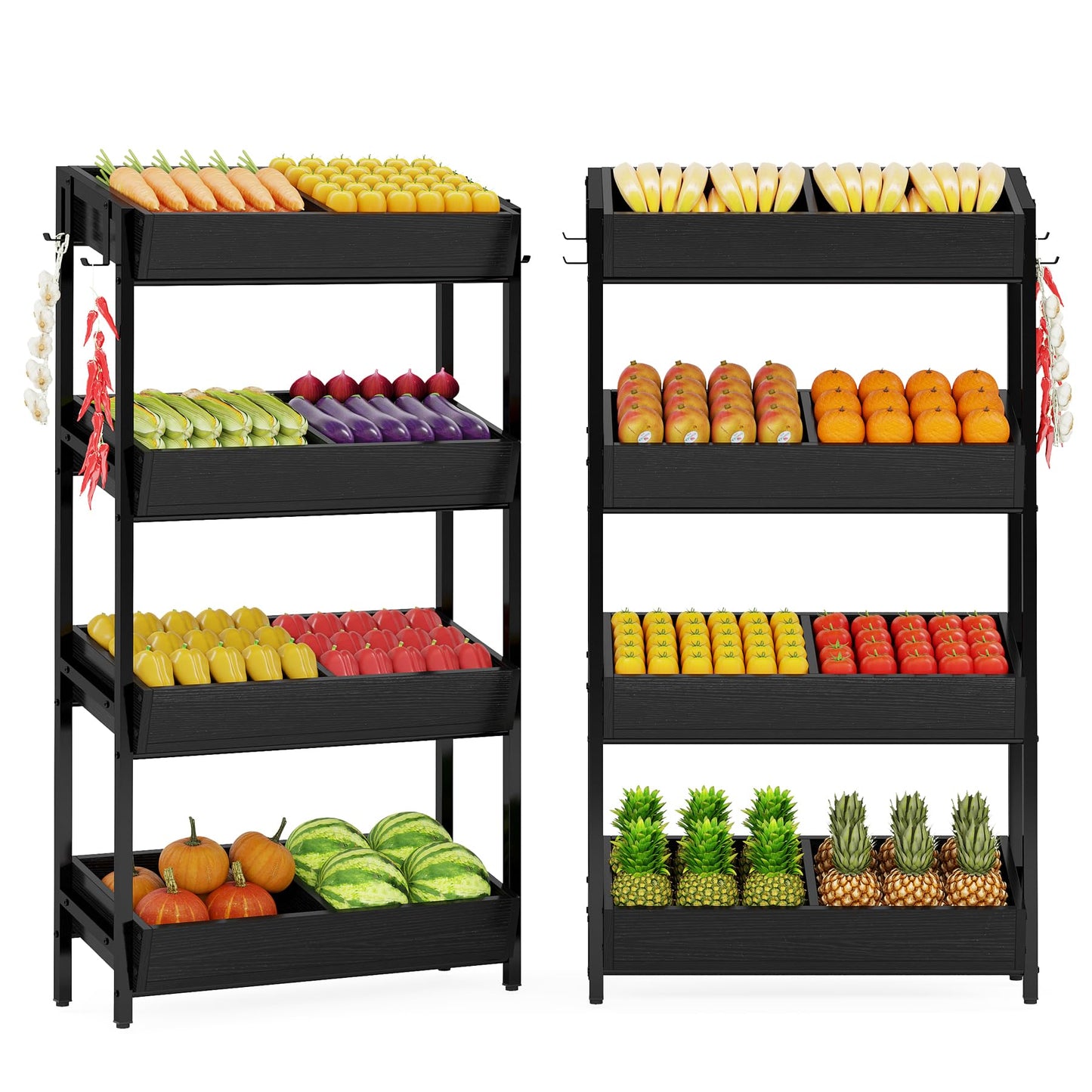 Tribesigns Wood Fruit and Vegetable Basket Stand Rack for Kitchen, Office, Store, Supremarket, Pantry Shelf Unit for Snacks, 4-Tier Wooden Utility Storage Shelves Set of 2 (Black)