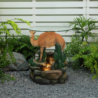 Camel & Cacti 4-Tier Waterfall Outdoor Indoor Side Table 22.8" H Glass Top Fountain with LED Lights Resin Desert Decor End Table for Garden Patio Living Room Balcony