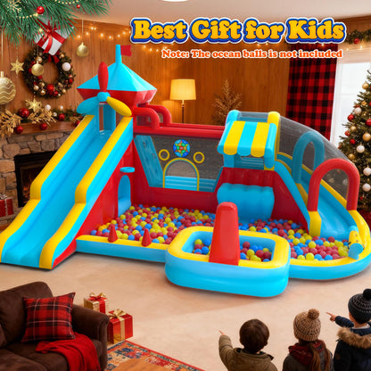 Inflatable Bounce House with Double Slide, Water Slide with Jumping Area, 10 in 1 Large Bounce Castle, Splash Pool, Climbing Wall, Toy Stand, Water Cannon, Basketball, Tunnel, Outdoor, Indoor, Blue