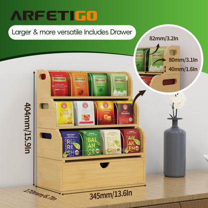 ARFETIGO Bamboo Tea Bag Organizer for Coffee Bar, 4 Tier Modular Tea Organizer with Drawer, Large Capacity Tea Storage Box, Stackable Tea Station Organizer, No Assembly, Kitchen Counter