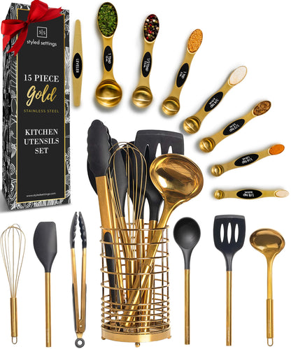 Styled Settings Black and Gold Kitchen Utensils Set – 15-Piece Cooking Set Includes Black Silicone Utensils, Gold Utensil Holder, and Magnetic Measuring Spoons – Stylish Kitchen Accessories