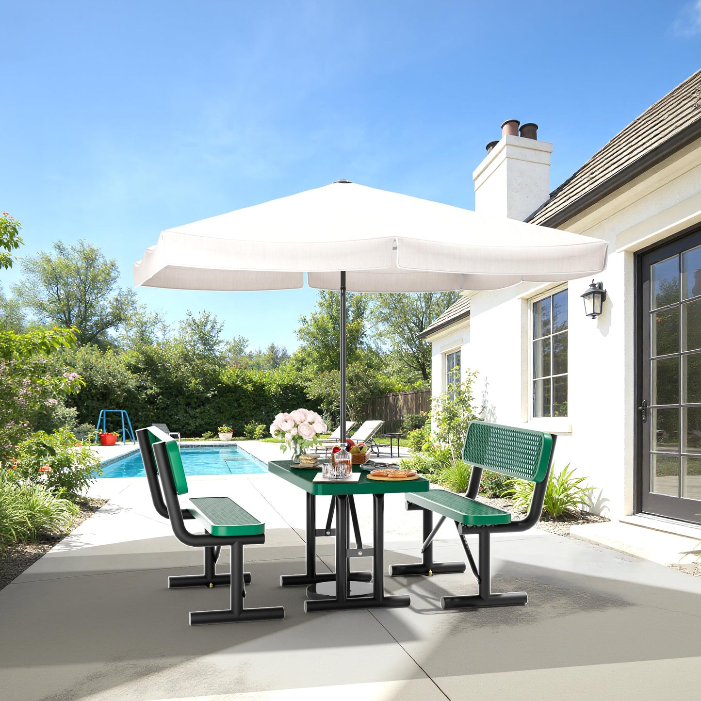 Sunnibety 4FT Metal Picnic Tables for Outdoors, Commercial Rectangular Picnic Table for Outside, Park, Campfield, Patio, Garden, Yard, Thermoplastic Coating, Surface Mounted, Green