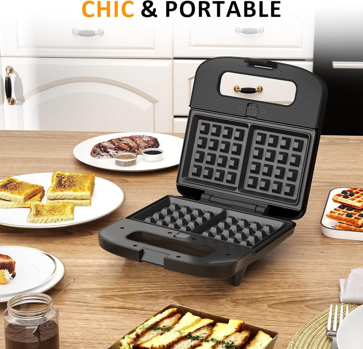 Sunvivi Waffle Iron, Panini Press Grill and Sandwich Maker Set, 3 in 1 Electric Sandwich Press with Removable Non-Stick Plates, Indicator Lights & Cool Touch Handle 750W
