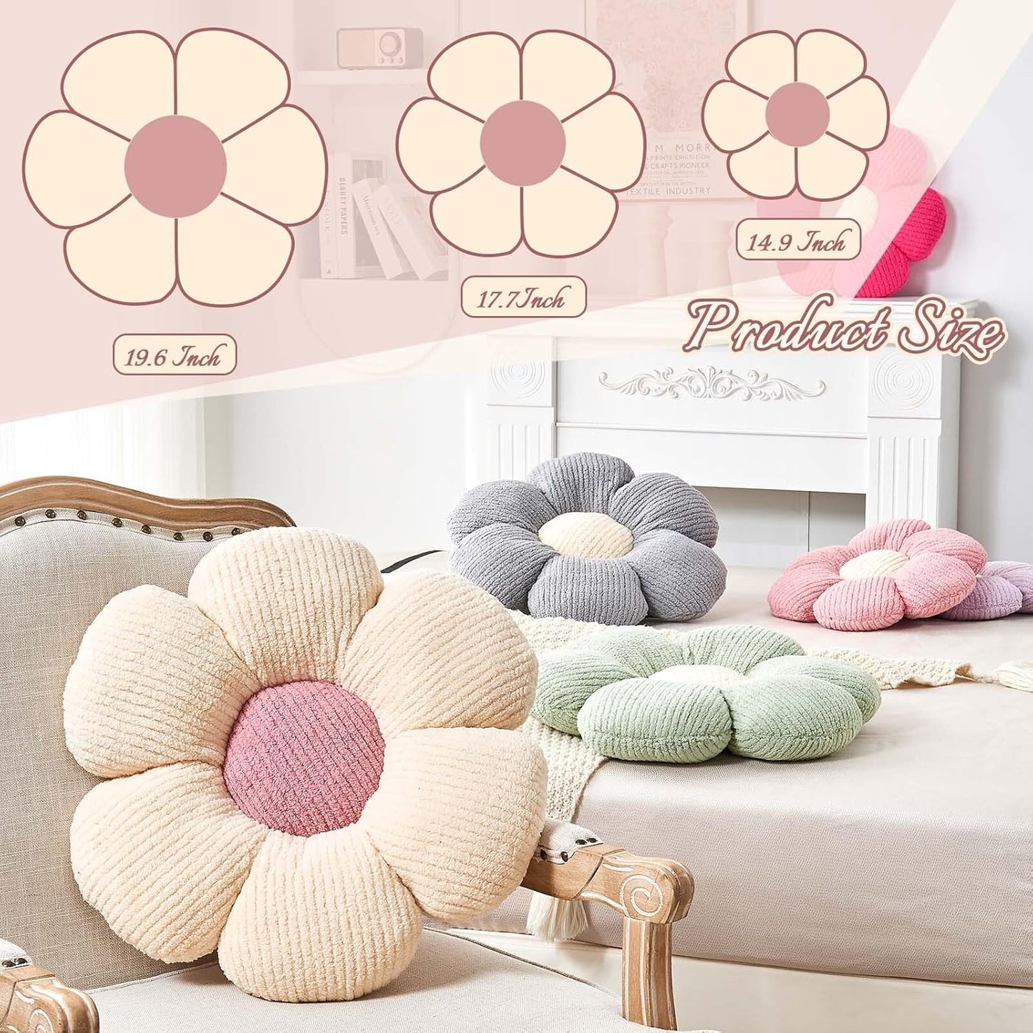 14.9" Kcvvcr Flower Throw Pillow, Soft White Shaped Floor Pillow for Home Decor, Cute Aesthetic Plush Decorative